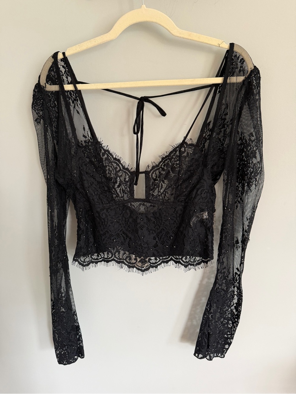 Free People Black Lace Long-Sleeve Crop - Picture 1 of 4